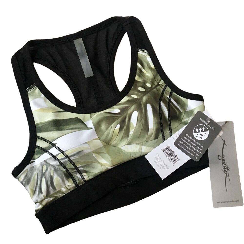 X by Gottex Mesh Contrast Floral Scoop Neck Racerback Sports Bra XS Green Black